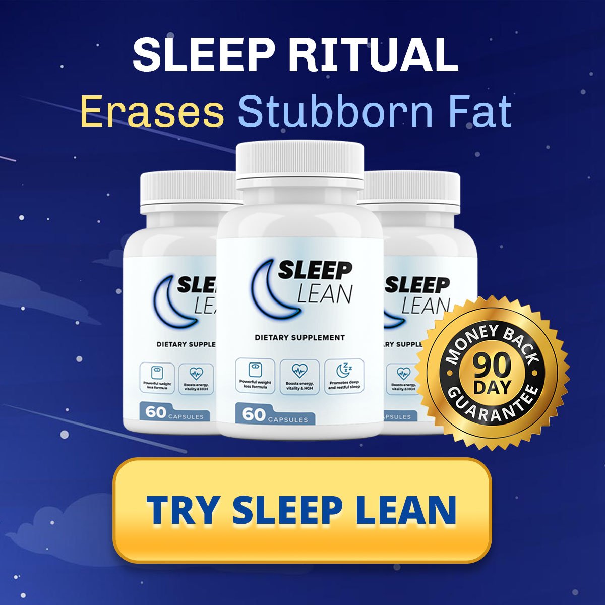Sleep Lean supplement bottles, advertising a 90-day money-back guarantee.